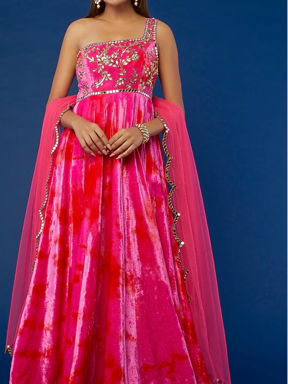 Akanksha Gajria Anarkali Hot Pink Velvet Evening Gown with Embellished Bodice